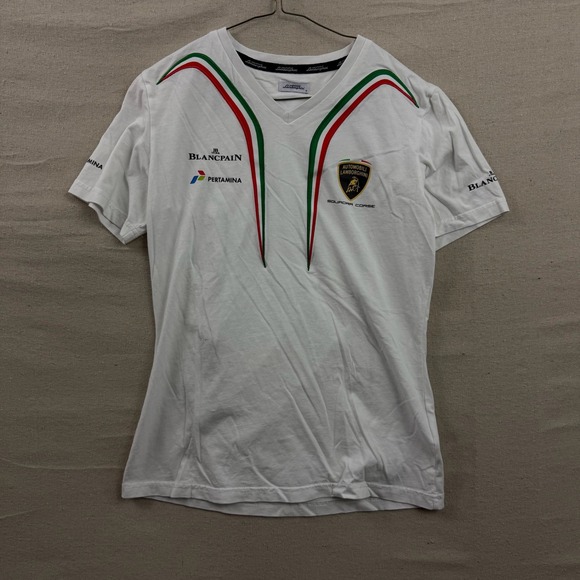 Lamborghini Squadra Corse T-Shirt Mens Medium White V-Neck Racing Logo Trim